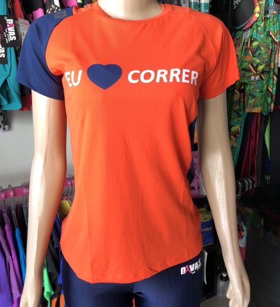 Blusa Eu Amo Correr laranja com azul