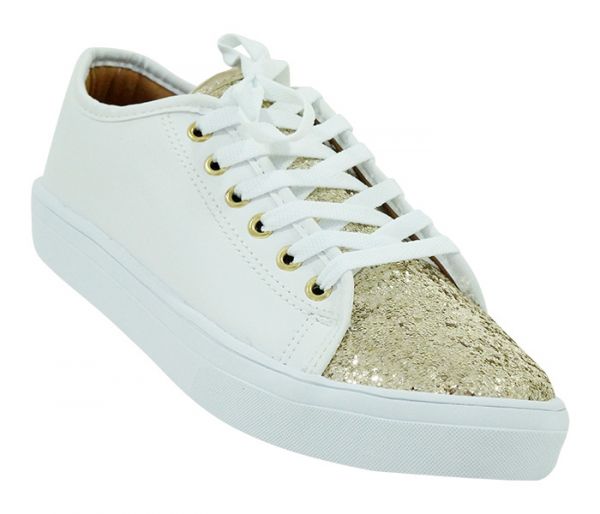 Tênis Feminino Branco com Glitter Dourado