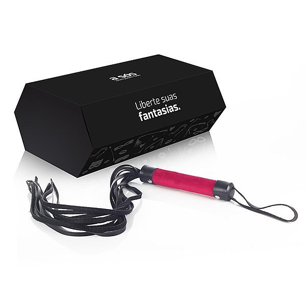 Chicote em Couro com Cabo revestido em Pelúcia Rosa - 40cm