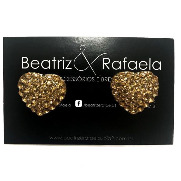Brinco coração com strass caramelo