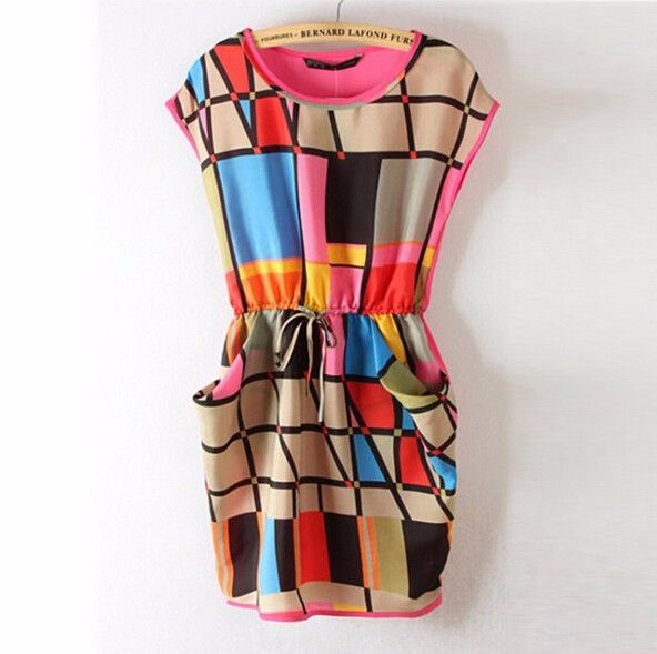 Hot venda nova Womens Chic colorido padrão geométrico sem mangas Mini vestido em torno do pescoço ve