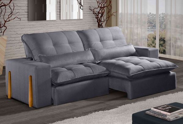 Estofado Retratil Reclinavel Itaoca.Fitipaldi 210 2x80 Veludo Inca Grafite 10 Idealle