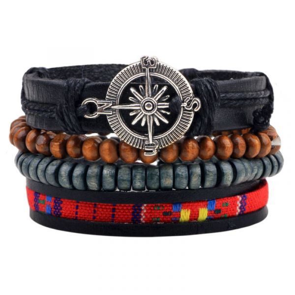 1 Conjunto de 4 Peças de Pulseiras De Couro Trançado Ajustável Búsola - AC0001