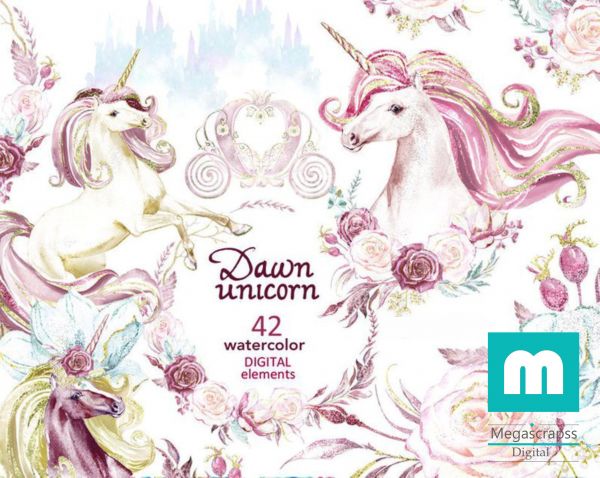 Kit elementos cliparts Aquarela unicórnio premium 2
