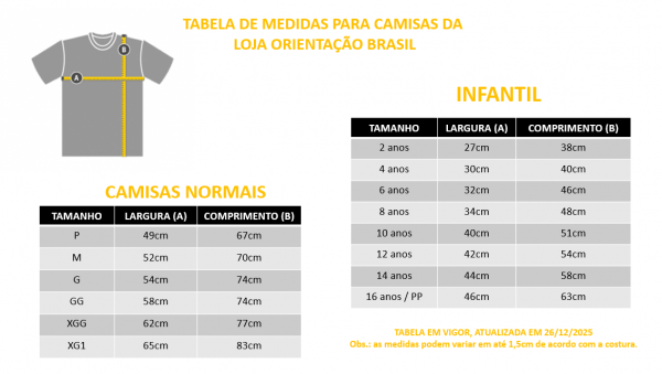 - TABELA DE MEDIDAS PARA CAMISAS NORMAIS E INFANTIS