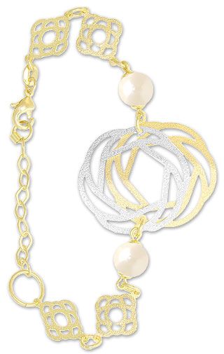 Pulseira folheada a ouro c/ adereços de chapa, pérolas sintéticas e detalhe prateado