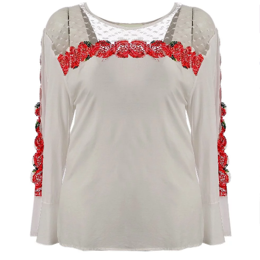 Blusa Com Tule Na Gola E Renda