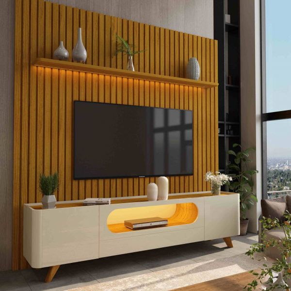0551872 Conjunto Painel Nobre 230 Naturale com Rack Nobre 210 Off White.Naturale LED e Pes Madeira G