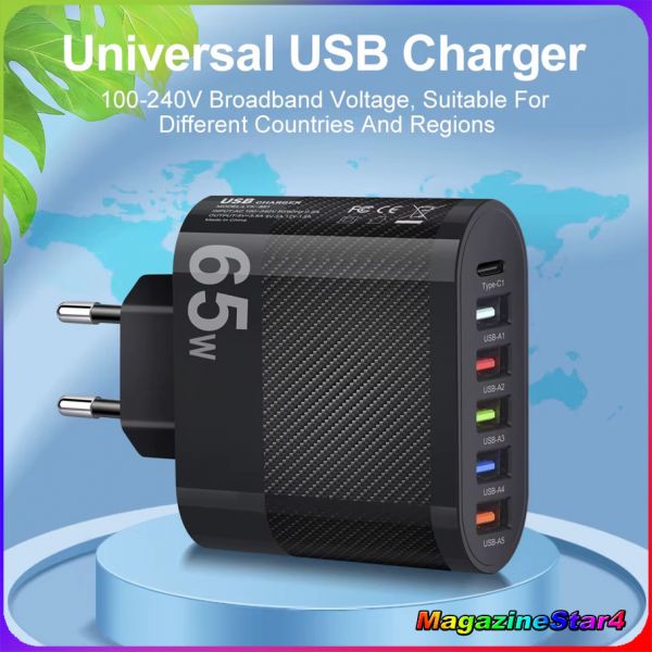 Carregador Rápido 65w 5 Portas USB + 1 Tipo-C  Fonte Inteligente Para Celular Universal