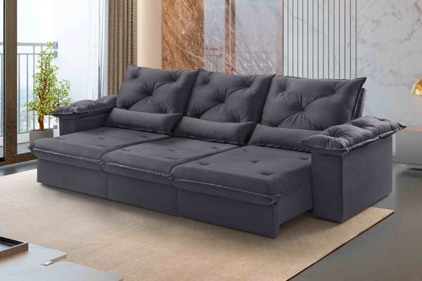 Estofado Retratil Reclinavel Atlas 320 3x90 Veludo Inca Grafite 10 Idealle