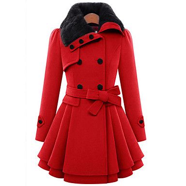 Feminino Casaco Casual Fofo Inverno, Sólido Vermelho / Marrom Lã / Algodão Colarinho de Camisa-Manga