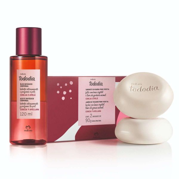 Tododia Cereja e Avelã óleo bifásico corporal + sabonetes em barra