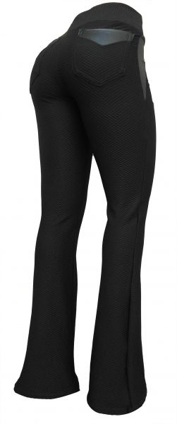 calça feminina preta com bolsos atrás(46) , com detalhes em cirrê, tecido jacquard piquet colmeia