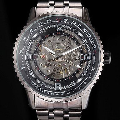 moda auto-mecânico com ligação oco de aço preto relógio pulseira dos homens #03701503