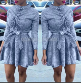 Mini Vestido Curto Casual Camisa Manga Longa Vestido Com Cinto