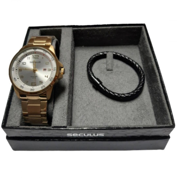 Kit Relogio Seculus Masculino + Pulseira - Dourado