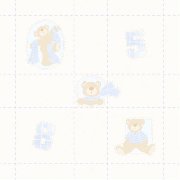 Papel de Parede Bambino's Bobinex (Nacional) - Xadrez com Ursinhos (Tons de Azul/ Tons de Bege) 3326