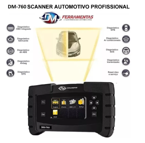 SCANNER PROFISSIONAL DM 760-PARA SISTEMAS DE INJEÇÃO ELETRÔNICA, CARROCERIA, TRANSMISSÃO AUT, ABS.
