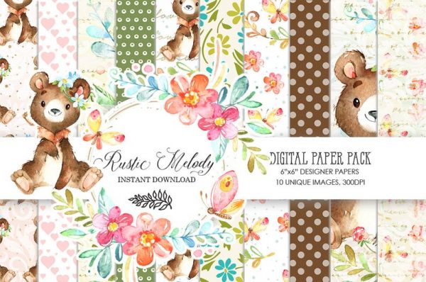 Kit papeis digitais para scrapbook ursinho