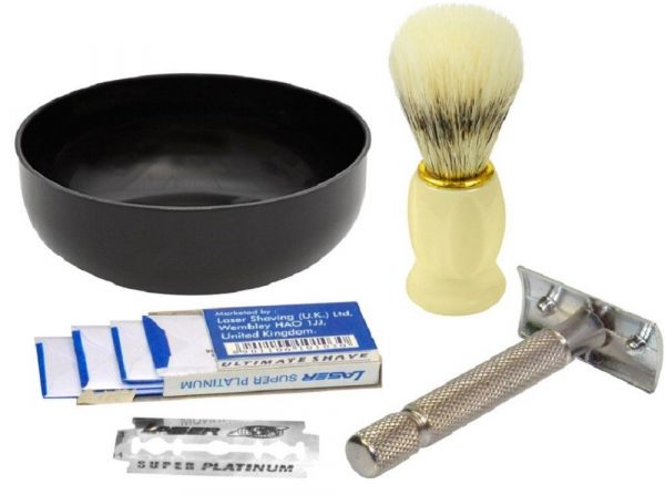 Kit Para Fazer Barba - Pincel De Barba + Tigela + Barbeador