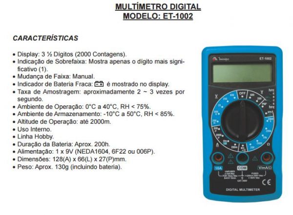 COD 1511 - Multímetro Digital Minipa ET-1002