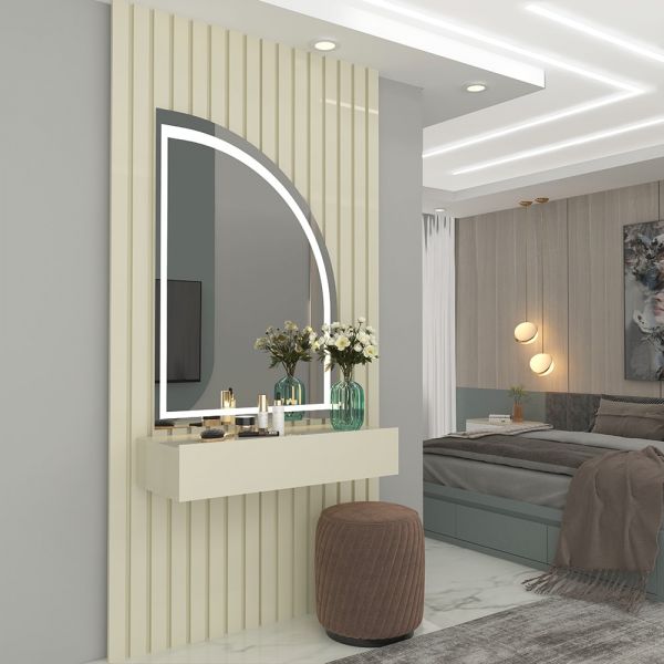 0650565 Penteadeira Realeza Ripado 095 com Espelho e LED Off White.Off White Gelius