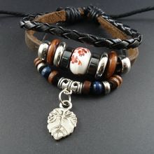 Vintage deixa pingente contas de madeira cerâmica frisado pu