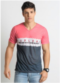 Camiseta Decote V Rosa e Cinza