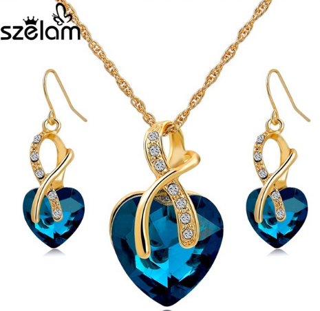 Coração De Cristal Colar Brincos Conjunto de Jóias