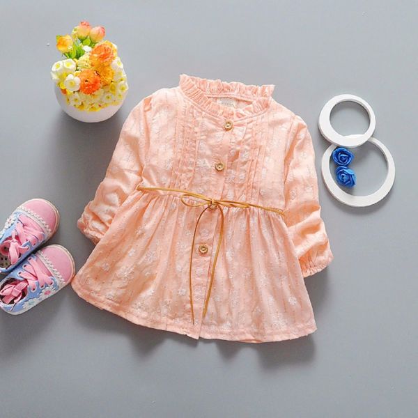 Vestido Infantil Casual Bebê Bordado Flor Manga Longa