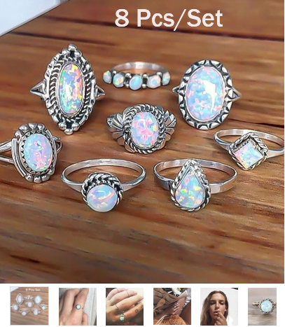 8Pcs/set Rings Set Sterling Silver Natural Gemstone Fire Opal Diamond Ring Wedding Engagement Jewelr