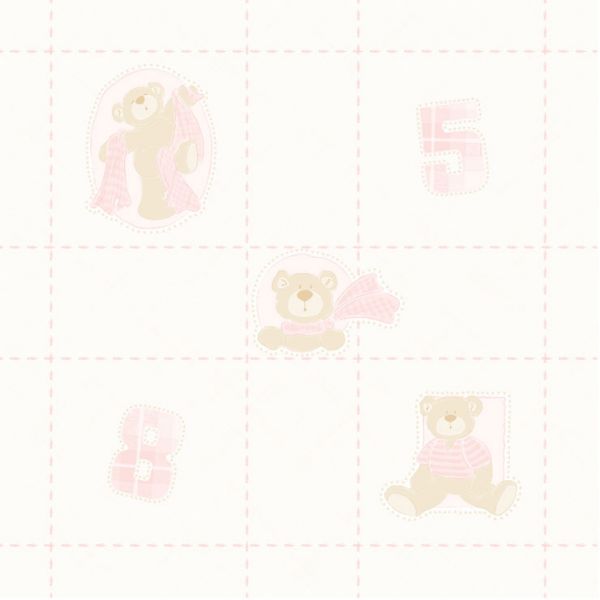 Papel de Parede Bambino's Bobinex (Nacional) - Xadrez com Ursinhos (Tons de Rosa/ Tons de Bege) 3322