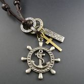 Clássico (Geometric Pendant) de couro marrom Colar Vintage (Silver) (1 Pc) #01007187