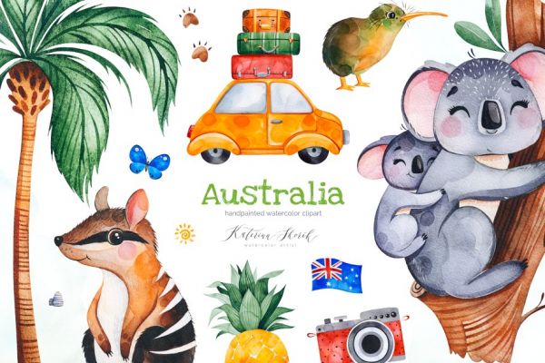 Animais austrália Kit elementos cliparts aquarela premium