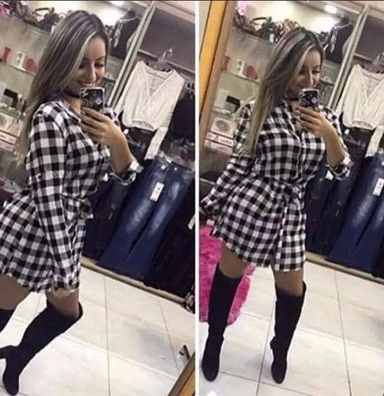 Vestido Xadrez Camisão Manga Longa Vest Leg Moda Feminina