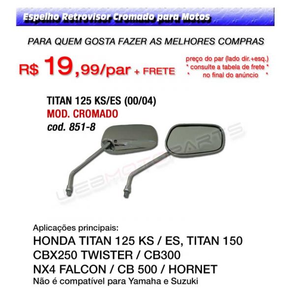 Espelho Retrovisor Cromado Moto Titan Cg 125 150 Ks Es Honda