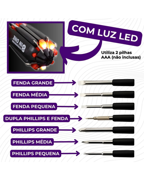 Kit Jogo Chaves de Fenda e Phillips 8 em 1 Com Led Ferramentas Compacta Multiuso