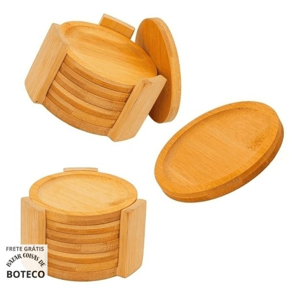 Porta copo redondo com suporte bambu 6 peças Bazar Coisas de Boteco