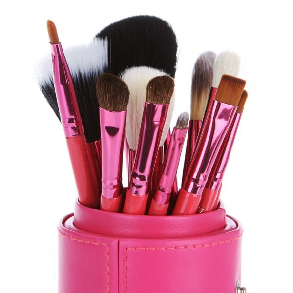 kit com 12 pinceis replica da mac - com suporte - rosa