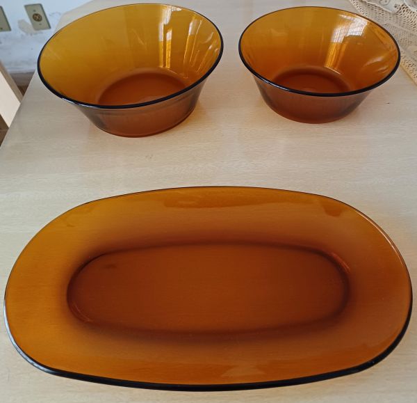 Kit com 2 Tijelas e 1 Saladeira Travessa Duralex Âmbar Marrom Anos 80 Antigo