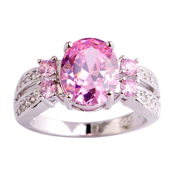 Joia Anel De Luxo Banhado A Prata Rosa De Cristal Elegante
