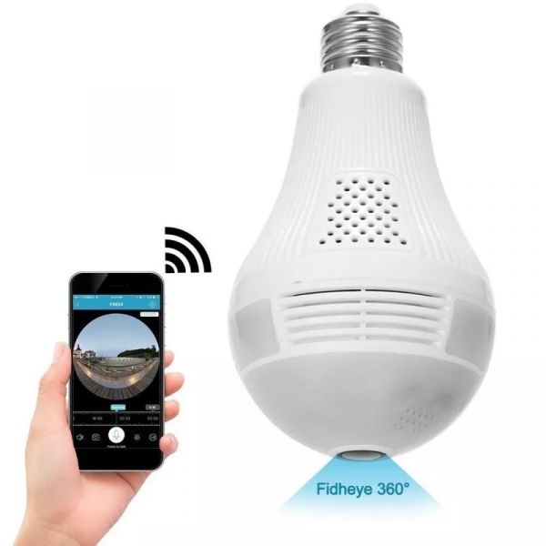 Lâmpada Espiã Câmera Ip Led Wifi Hd Panorâmica 360º Celula