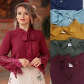 Blusa de crepe de seda bordadas  manga longa preta M