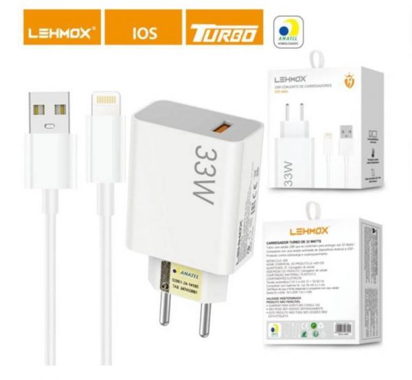 CARREGADOR IPHONE IOS USB TURBO POWER 33W LEHMOX