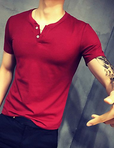 Masculino Camiseta Algodão Cor Solida Manga Curta Casual / Tamanhos Grandes-Vermelho