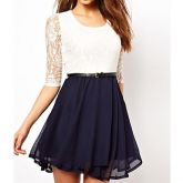 Feminina Verão Europa Lace Chiffon Vestido Casual com Belt #01493151