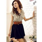 Moda feminina de manga curta bolinhas vestido de cintura (com cinto) #01352539