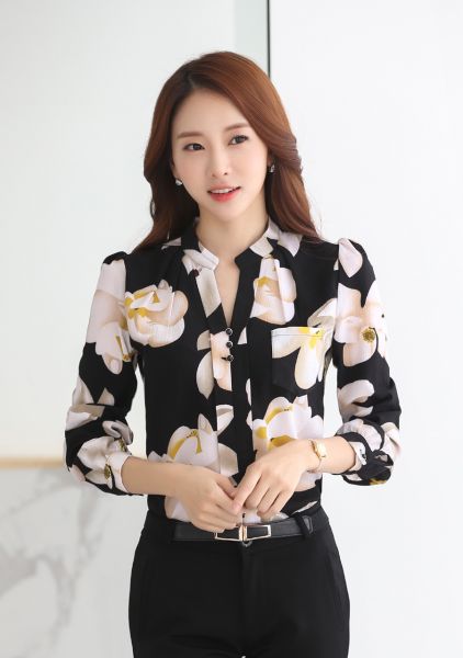 Blusa Feminina Casual Primavera Estampada Manga Longa Elegan
