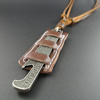 Colar Vintage Clássico (Pendente quadrado) de couro de café (café) (1 Pc) #01009283