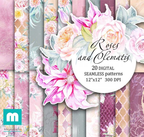 Kit scrapbook papeis digitais  Aquarela  rosas floral premium